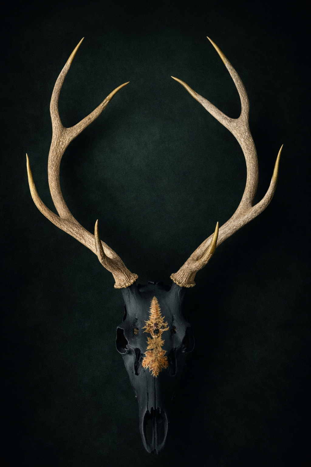 Hand Painted Buck Skull with natural elements